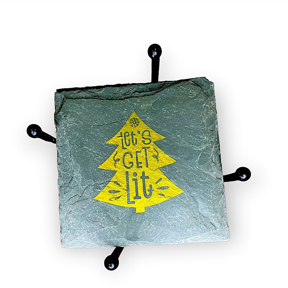 New Slate Stone Gold Christmas Tree Drink Coaster Set